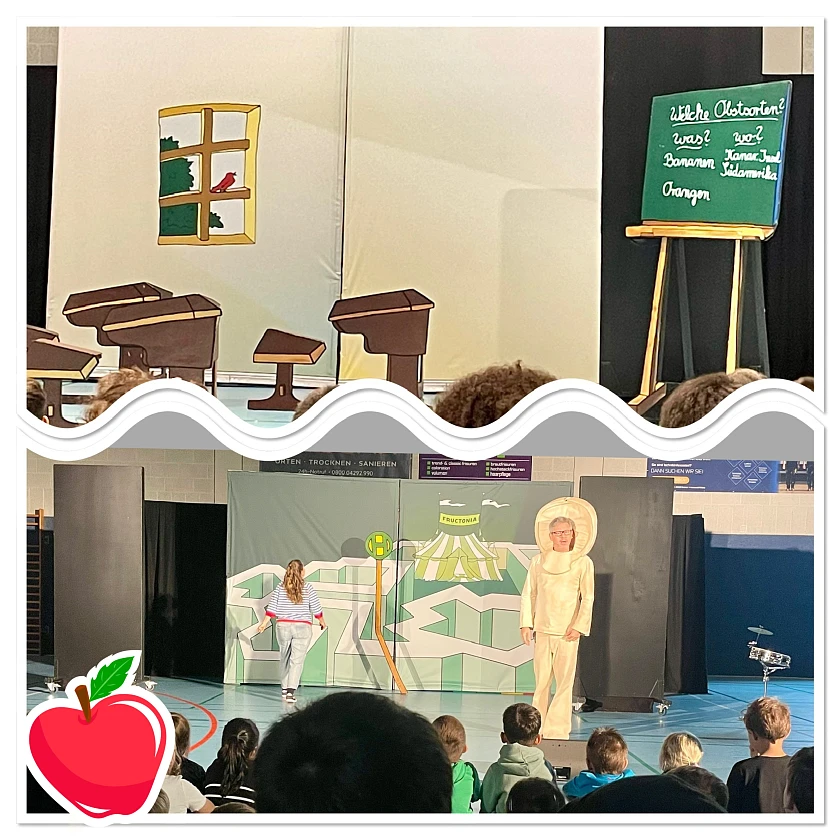 auf der Fotocollage ist das Bühnenbild zu sehen, ein Klassenraum mit Schulbänken und einer Tafel sowie zwei Schauspieler:innen