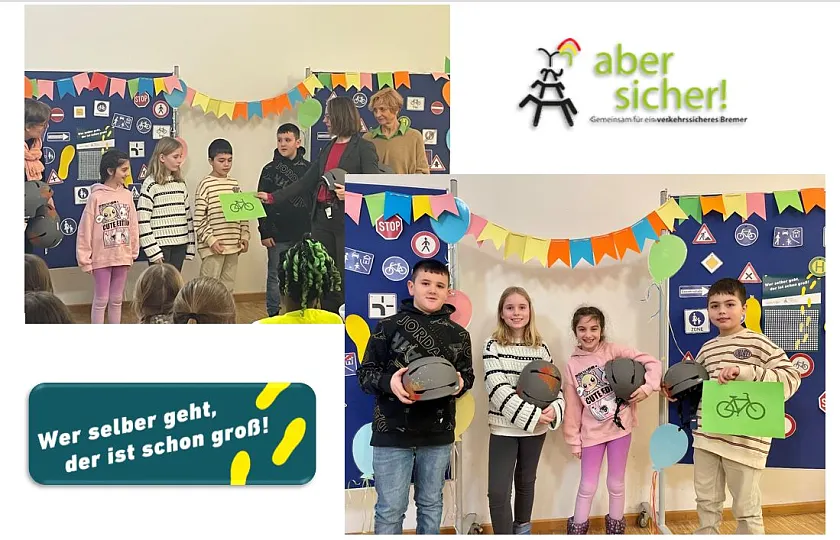 Auf einer Photocollage ist das Logo aber sicher zu sehen. Darüber hinaus überreicht Senatorin Aulepp einem Kind symbolisch mit einem grünem Zettel ein Fahrrad und vier Kinder lachen mit einem Fahrradhelm in der Hand in die Kamera.. 