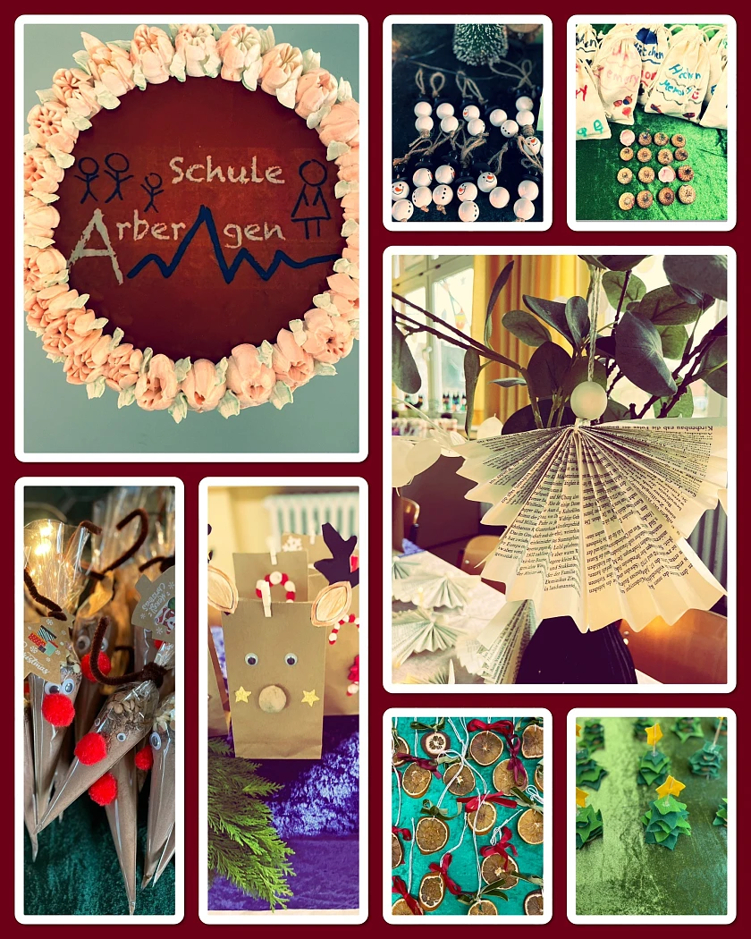 auf einer Photocollage ist eine Torte mit dem Schullogo, einige gebastelte Anhänger und weihnachtliche Geschenketüten zu sehen.