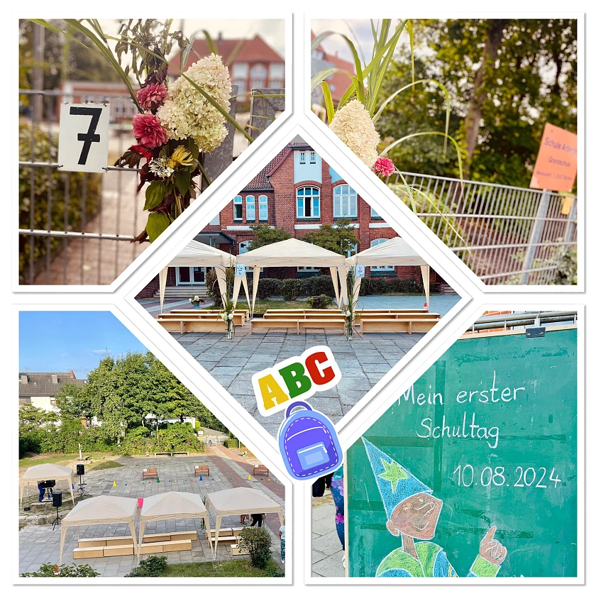 auf einer Photocollage sieht man Blumen am Schulzaun mit der Hausnummer 7, drei Pavillonzelte mit Sitzbänken auf dem Schulhof sowie einer Stelltafel mit der Beschriftung Mein erster Schultag 10.08.2024