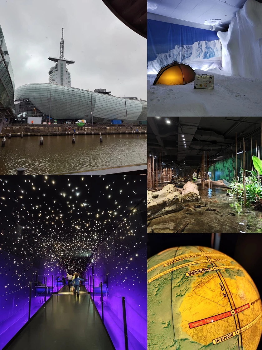 Eine Photocollage zeigt verschiedene Motive. Ein Blick auf das mediterraneo in Bremerhaven, eine beleuchtete Erdkugel mit gekennzeichnetem Längengrad, drei Ausstellungsbereiche mit jeweils Sternenhimmel, Eis und Schnee sowie einer Flusslandschaft.