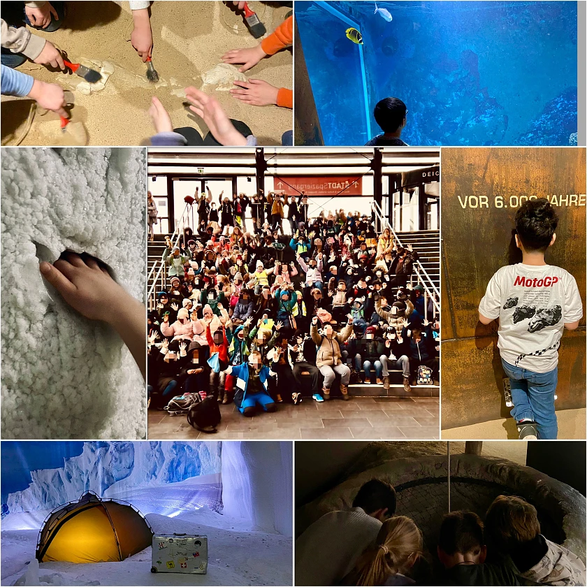 Eine Photocollage zeigt verschiedene Ausstellungsbereiche. Kinder haben ihre Hände im Sand, ein Kind steht vor einem Aquarium, ein Igluzelt steht in einer Eislandschaft sowie ein Gruppenfoto vieler unkenntlich gemachter Personen auf einer großen Treppe.