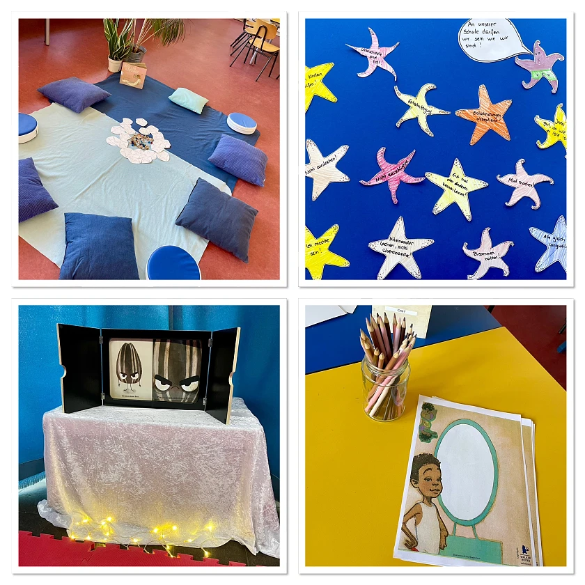 auf einer Photocollage sieht man einen leeren Sitzkreis mit blauen Decken und Sitzkissen, ausgemalten Seesternen mit Regeln für ein soziales Miteinander, ein Ausmalbild und einem Glas mit Stiften in den Hautfarben sowie ein aufgebautes Kamishibaitheater