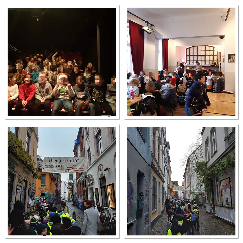 Auf einer Photocollage sind unkenntlich gemachte Kinder in den Räumlichkeiten von Mensch Puppe sowie auf dem Weg dorthin zu sehen.