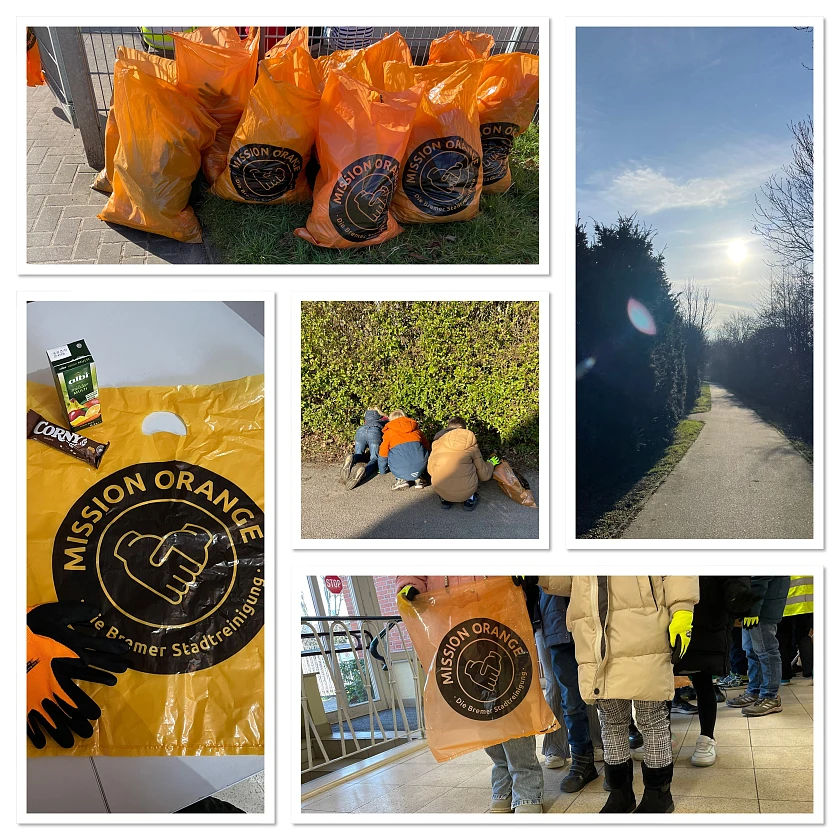 Eine Photocollage zeigt verschiedene Motive. Mehrere gefüllte Müllsäcke der Aktion mission orange, einen Weg im strahlenden Sonnenschein, die Ausrüstung für die Kinder (Müllbeutel, Handschuhe und Verpflegung), sowie Kinder beim Müllsammeln vor einem Gebüsch.